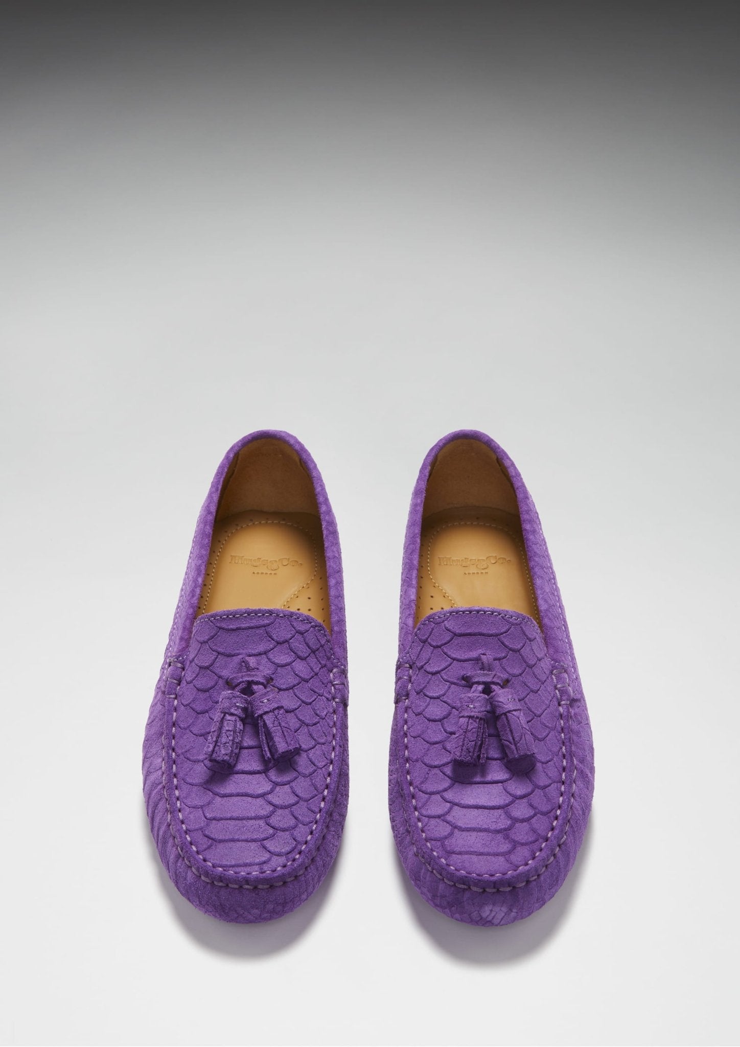 Women's Tasselled Driving Loafers, purple embossed suede - Hugs & Co.