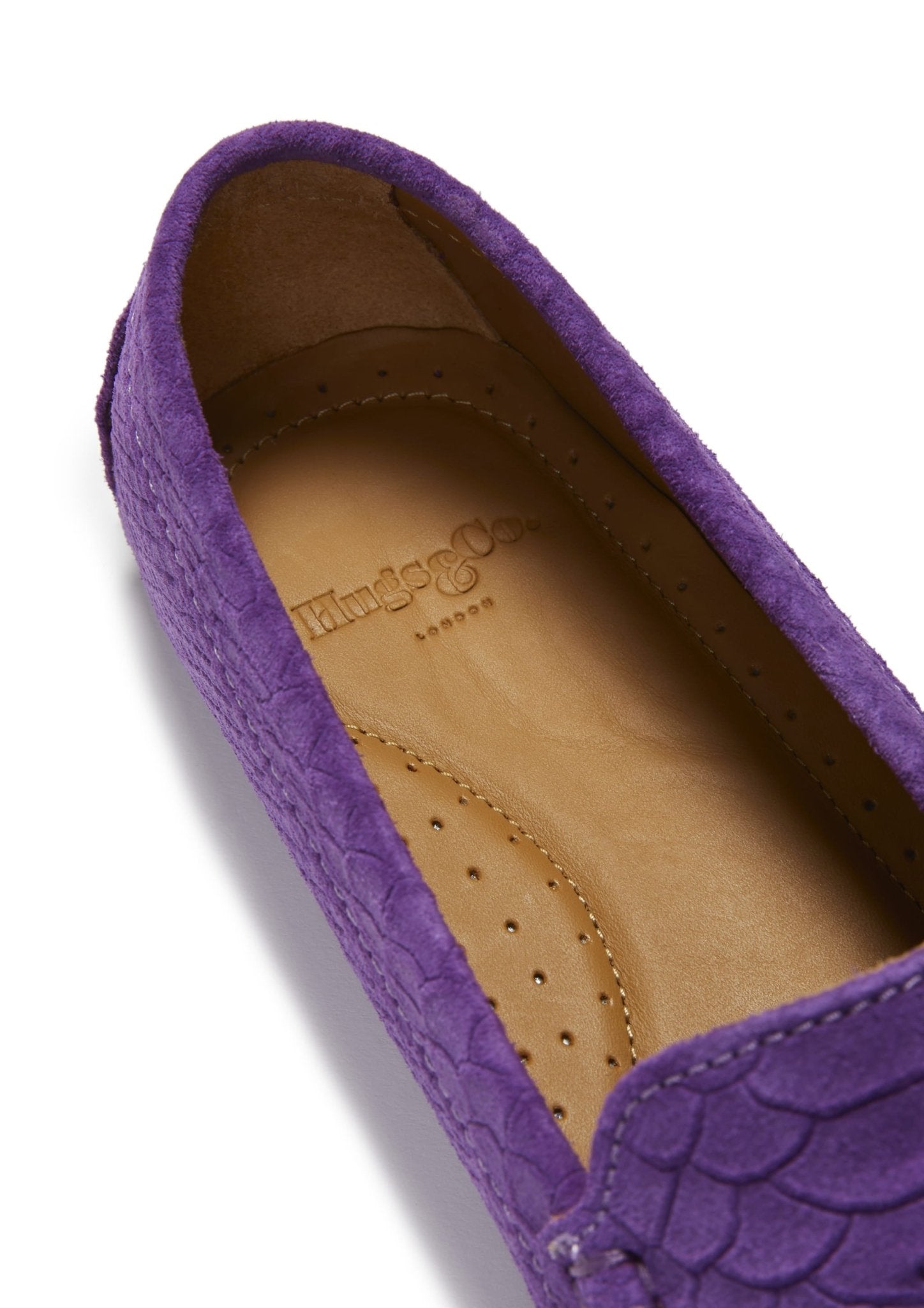 Women's Tasselled Driving Loafers, purple embossed suede - Hugs & Co.