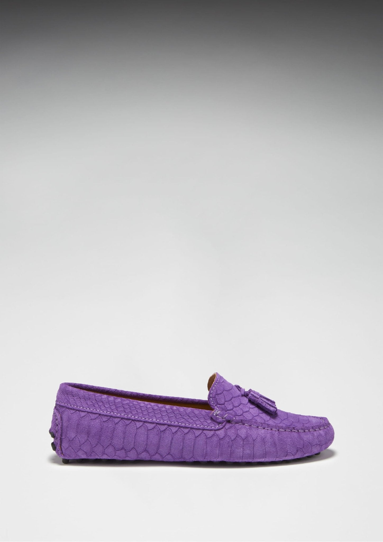 Women's Tasselled Driving Loafers, purple embossed suede - Hugs & Co.