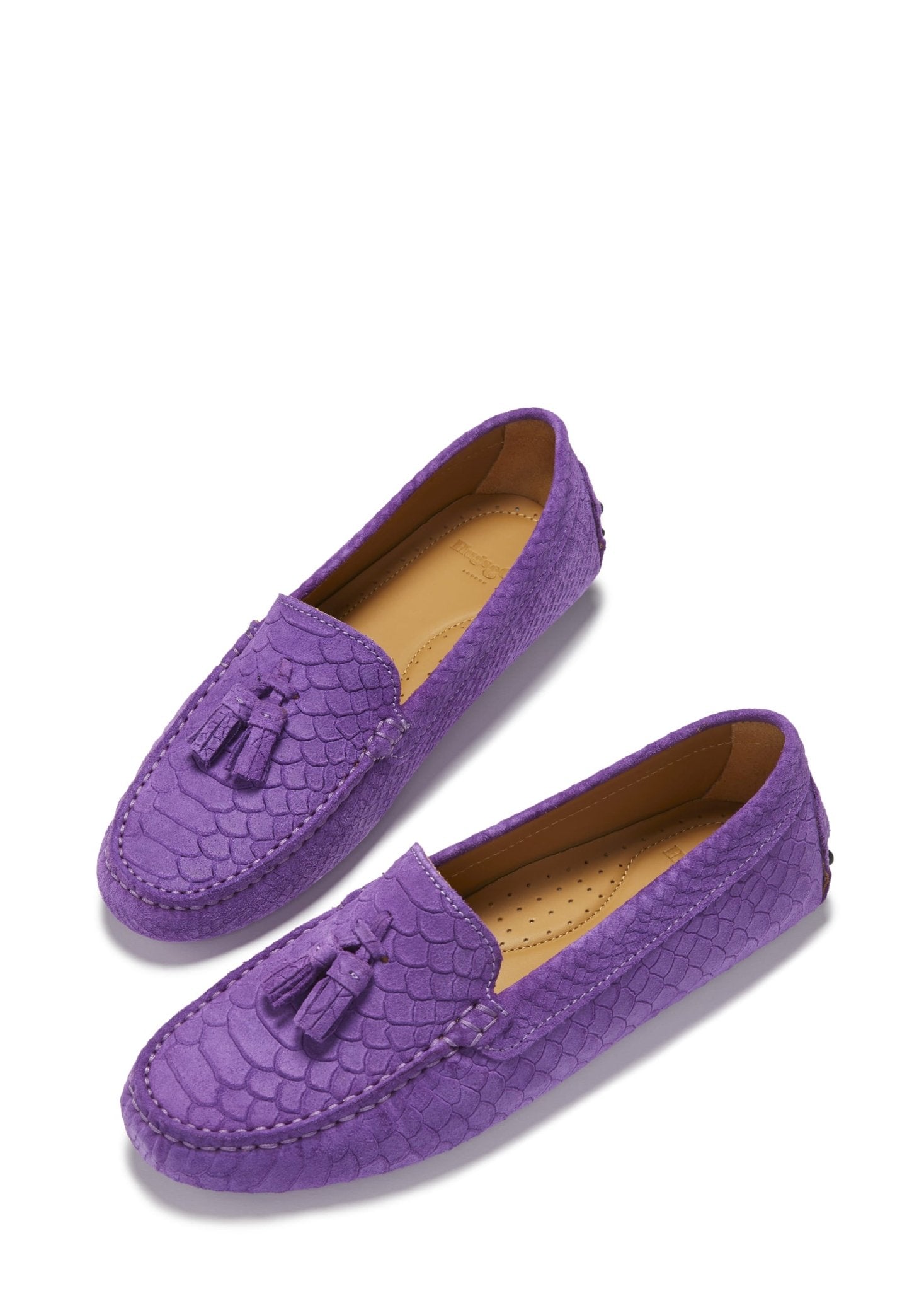 Women's Tasselled Driving Loafers, purple embossed suede - Hugs & Co.