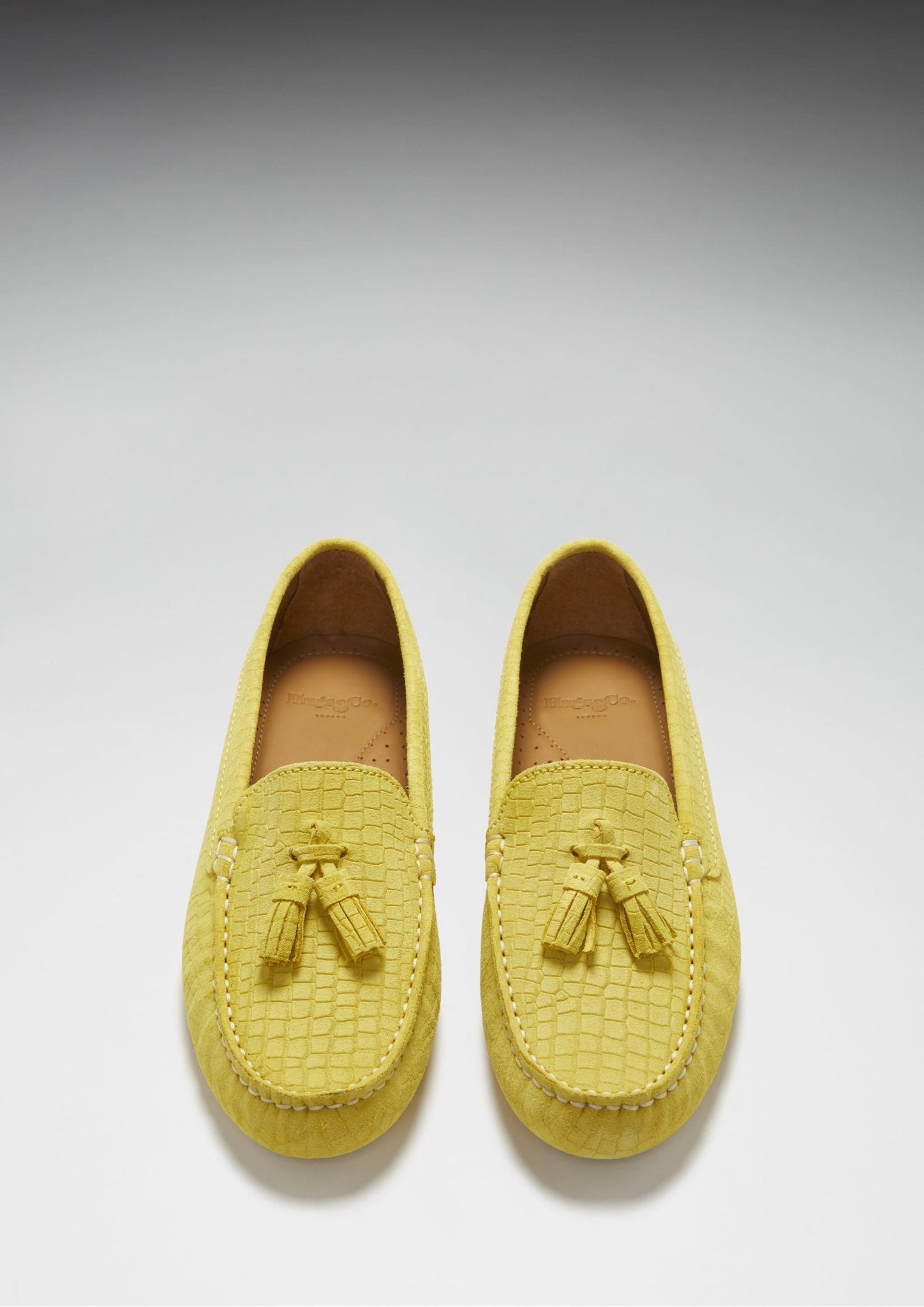 Women's Tasselled Driving Loafers, yellow embossed suede - Hugs & Co.
