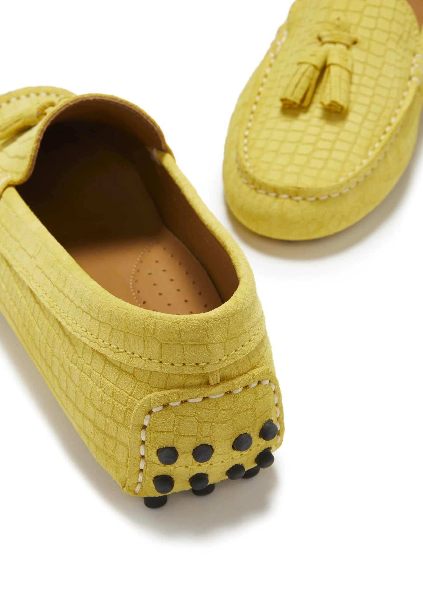 Women's Tasselled Driving Loafers, yellow embossed suede - Hugs & Co.