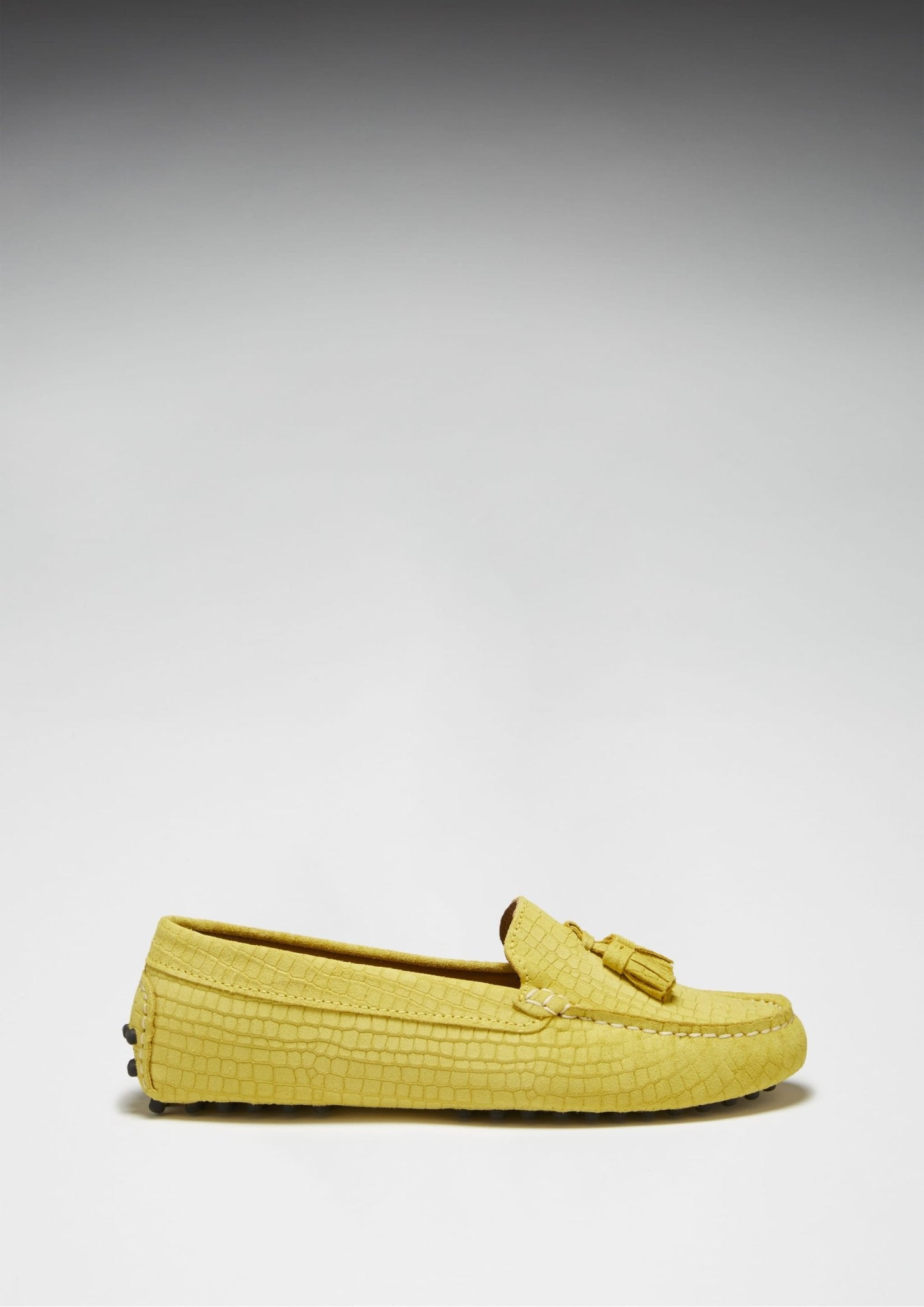 Women's Tasselled Driving Loafers, yellow embossed suede - Hugs & Co.