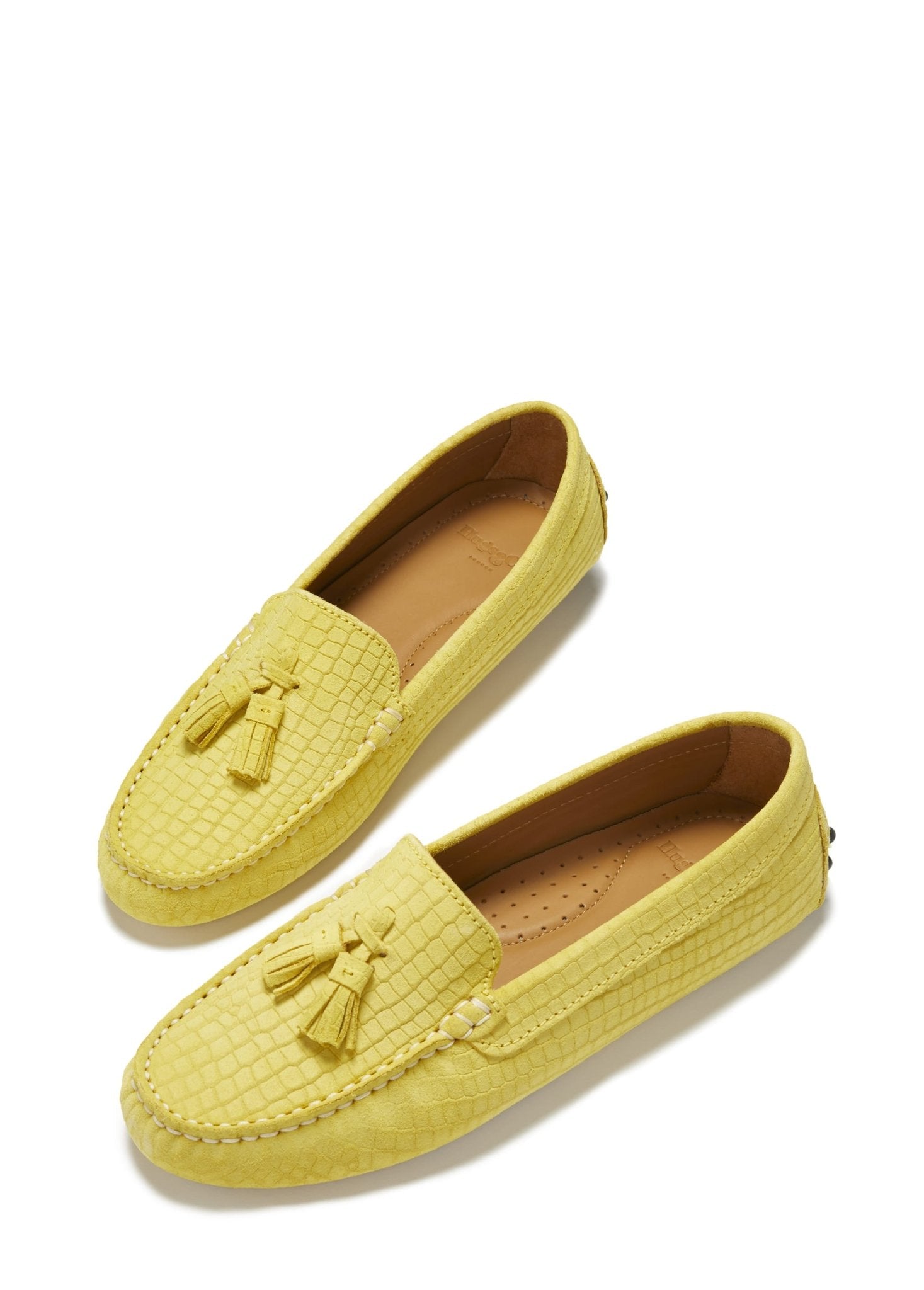Women's Tasselled Driving Loafers, yellow embossed suede - Hugs & Co.