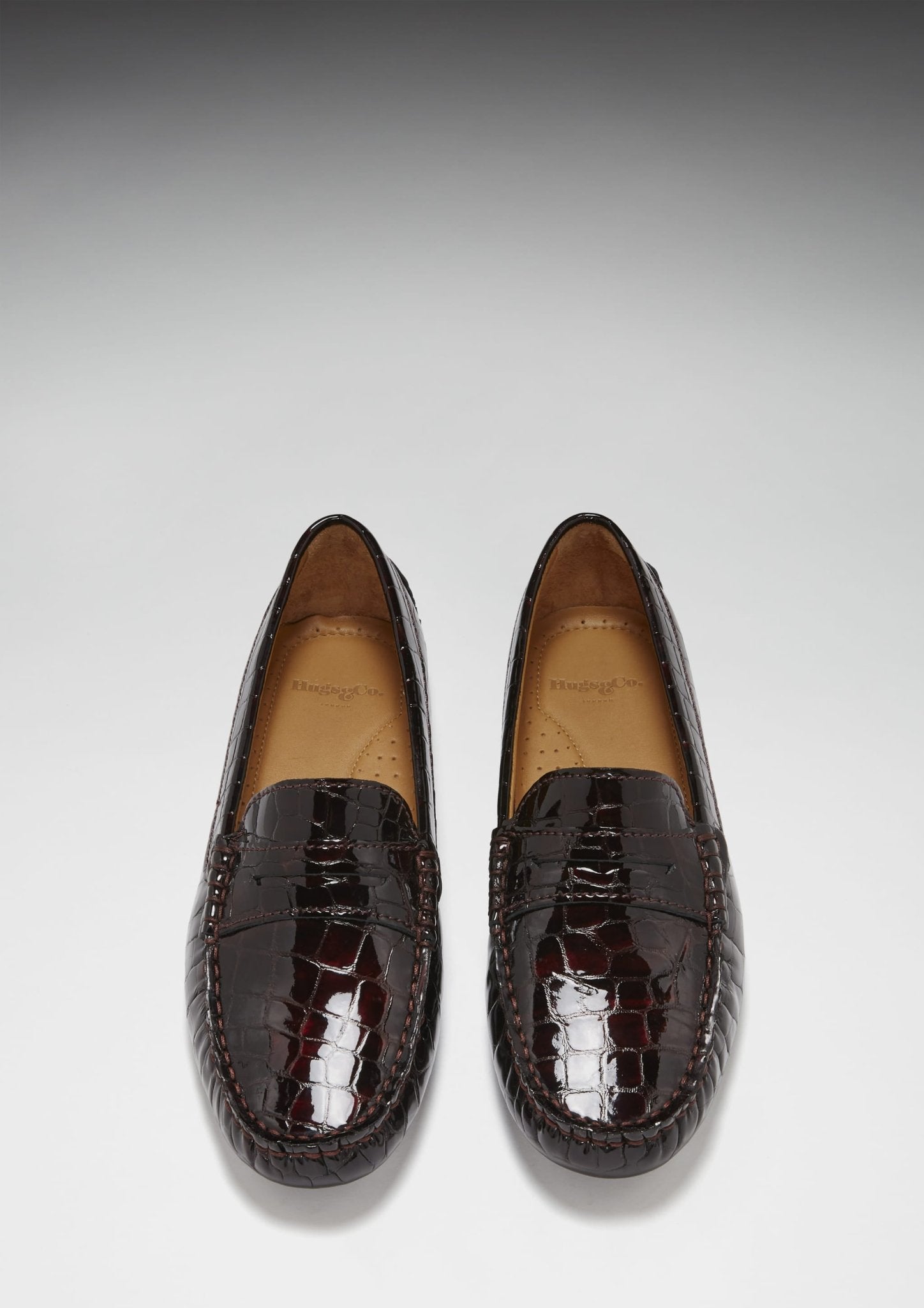 Women's Penny Driving Loafers, brown croc print patent leather - Hugs & Co.