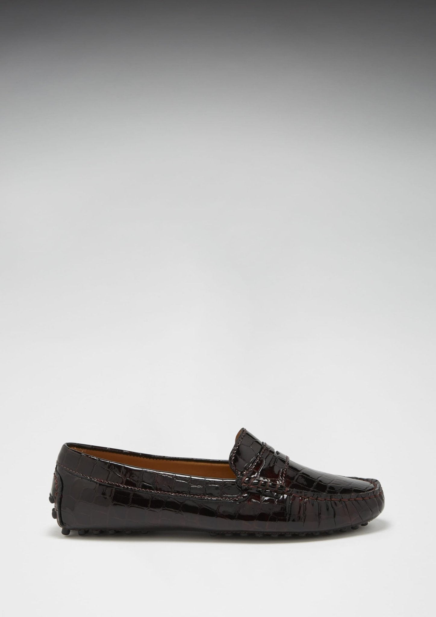 Women's Penny Driving Loafers, brown croc print patent leather - Hugs & Co.