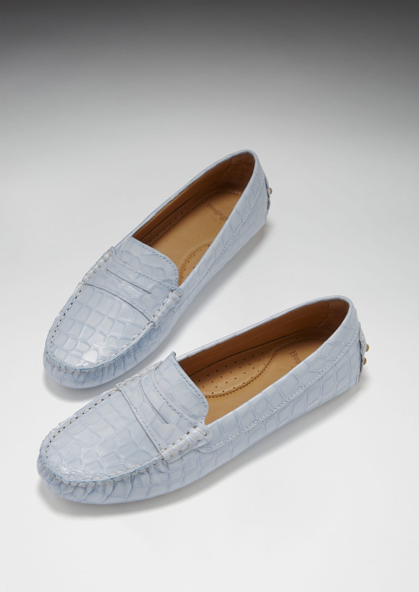 Women's Penny Driving Loafers, powder blue print patent leather - Hugs & Co.