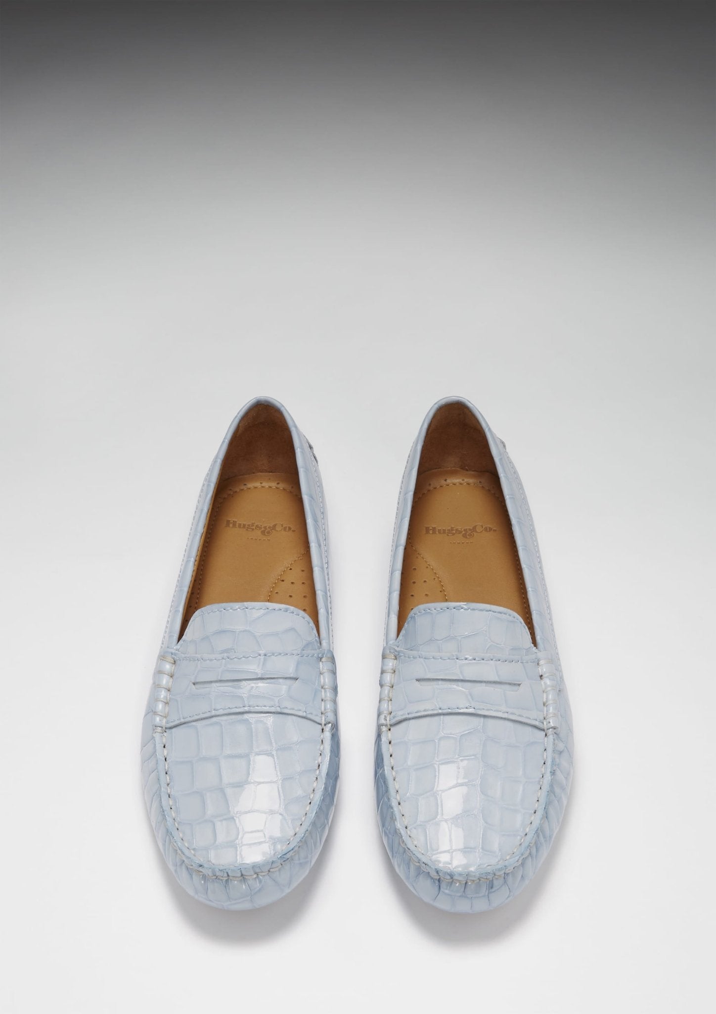 Women's Penny Driving Loafers, powder blue print patent leather - Hugs & Co.