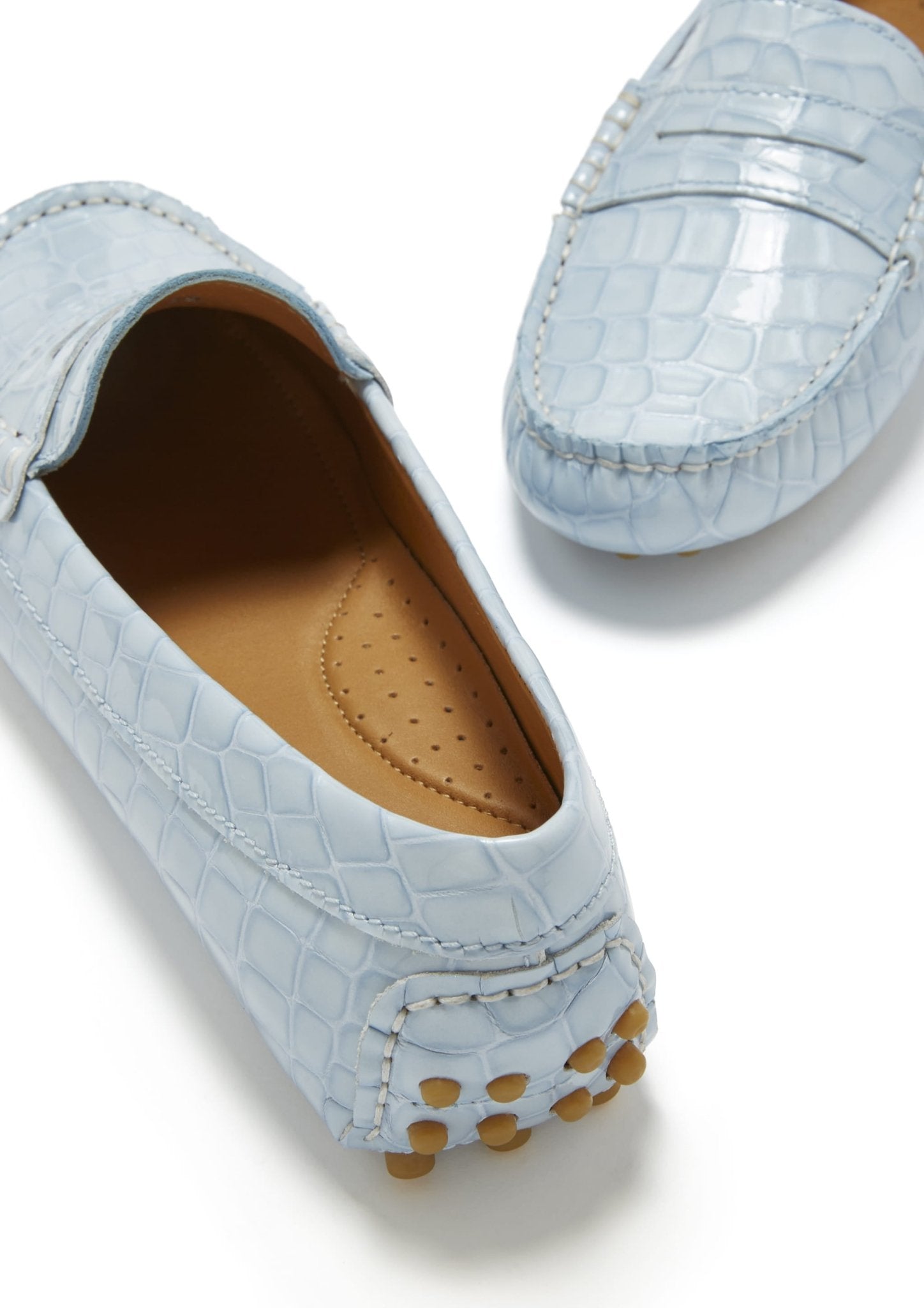 Women's Penny Driving Loafers, powder blue print patent leather - Hugs & Co.