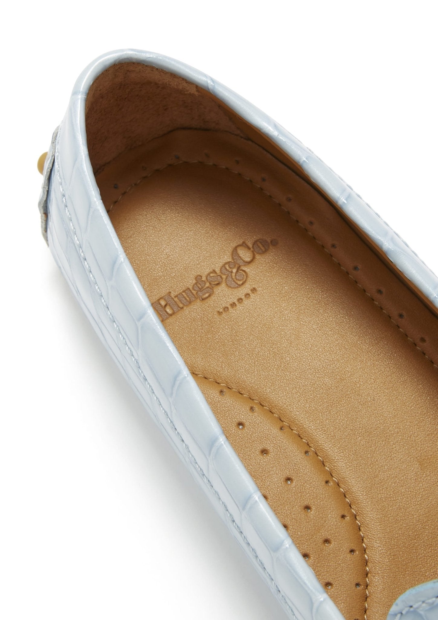Women's Penny Driving Loafers, powder blue print patent leather - Hugs & Co.