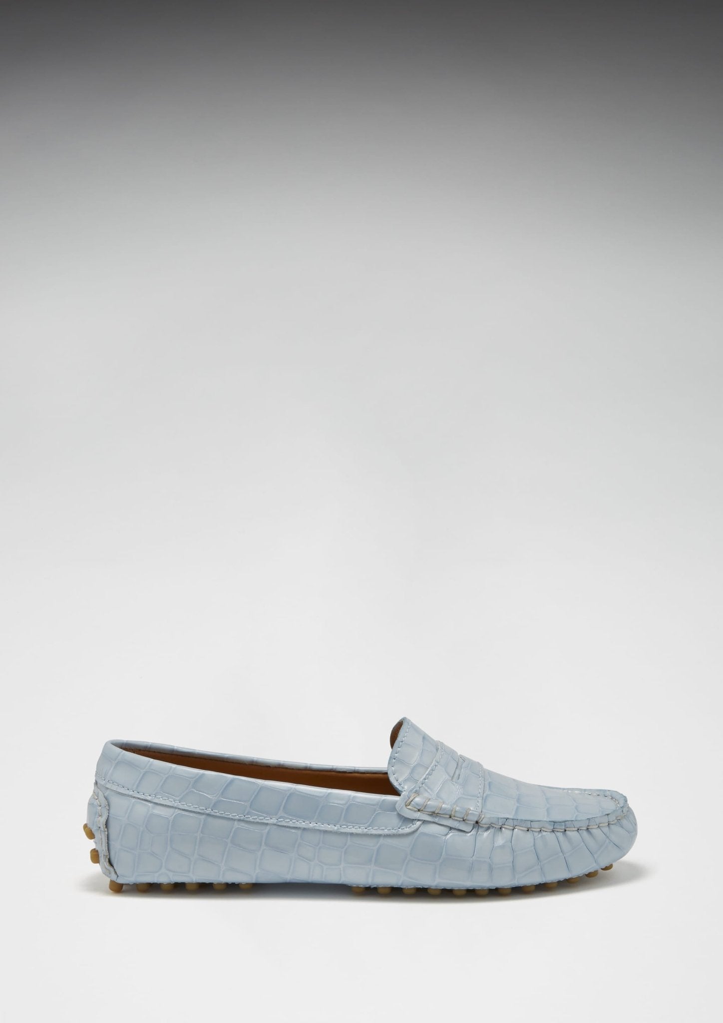 Women's Penny Driving Loafers, powder blue print patent leather - Hugs & Co.