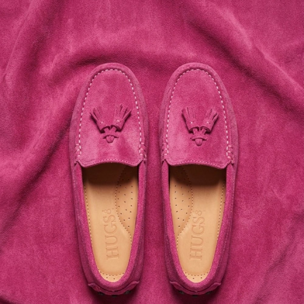 pink suede ladies loafers by hugs and co 