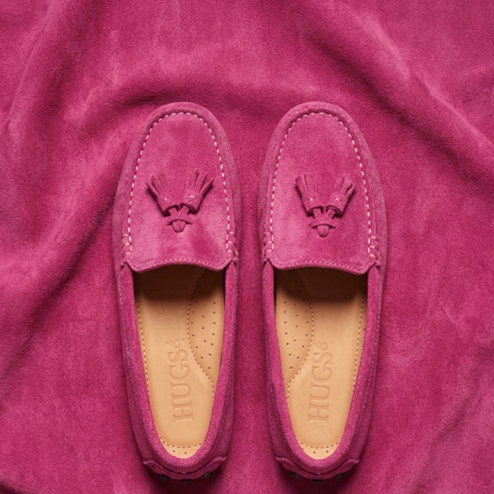 pink suede ladies loafers by hugs and co 