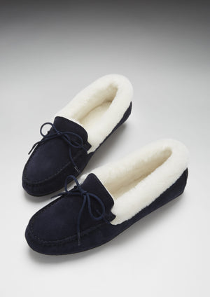 Chaussons femme, mouton, daim bleu marine