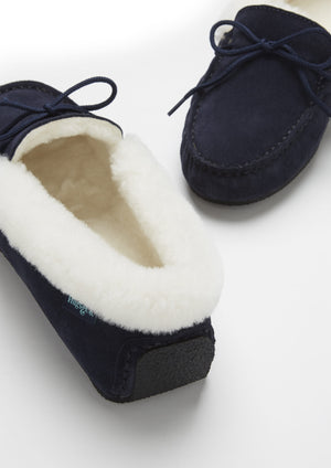 Chaussons femme, mouton, daim bleu marine