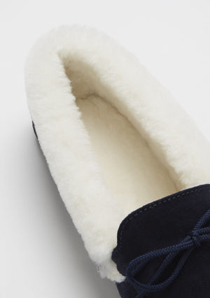 Chaussons femme, mouton, daim bleu marine