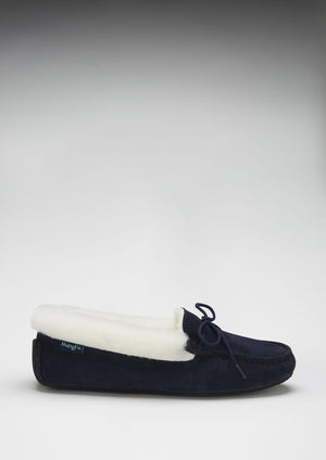 Chaussons femme, mouton, daim bleu marine