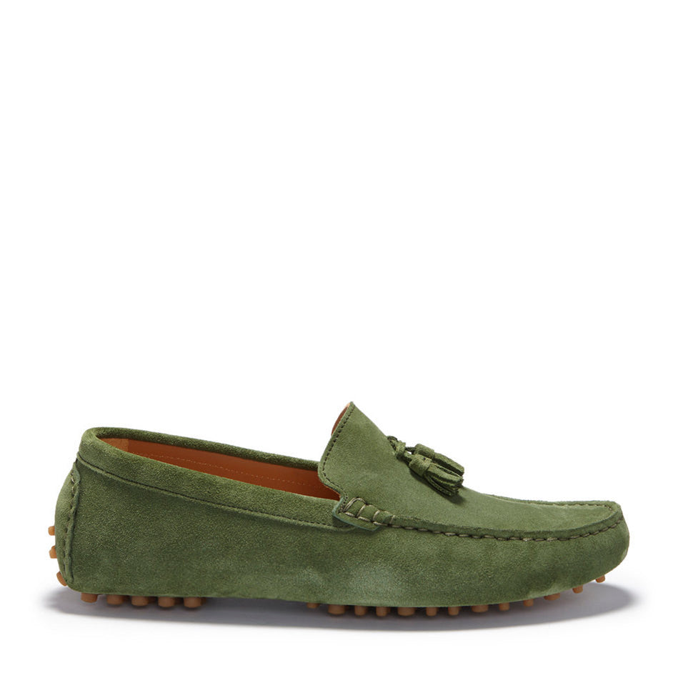 Tasselled Driving Loafers, safari green suede. Hugs &amp; Co.
