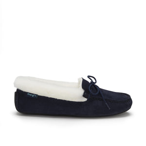 Chaussons femme, mouton, daim bleu marine
