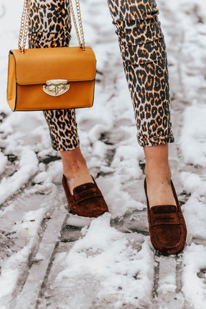 Penny Loafers pour femme, semelle en cuir, daim marron