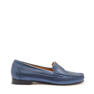 Women's Penny Loafers Leather Sole, indigo blue metallic leather