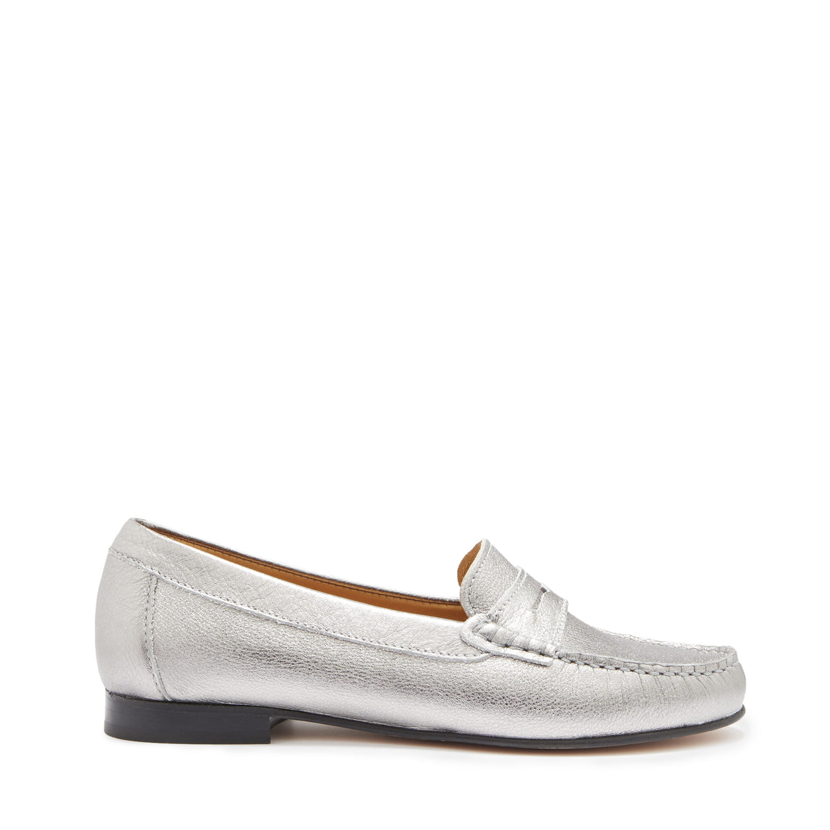 Penny Loafers pour femme, semelle en cuir, cuir métallisé titane