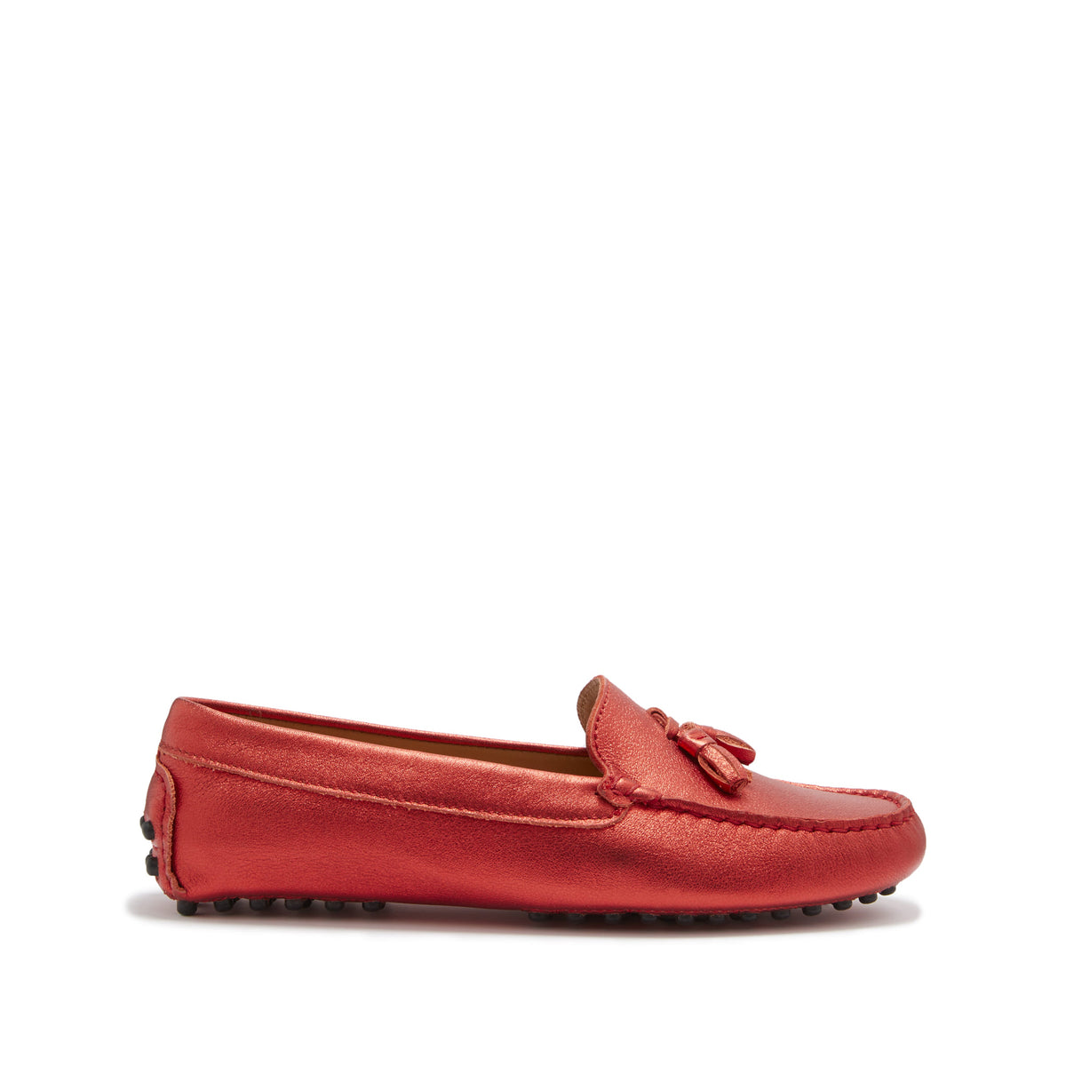 Damen-Mokassins mit Quasten, rotes Metallic-Leder