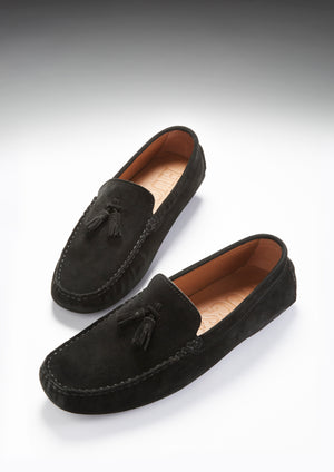 Tasselled Driving Loafers, black suede