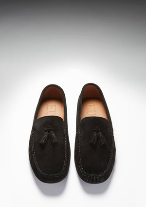 Tasselled Driving Loafers, black suede