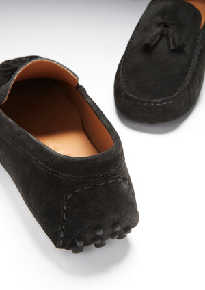 Tasselled Driving Loafers, black suede