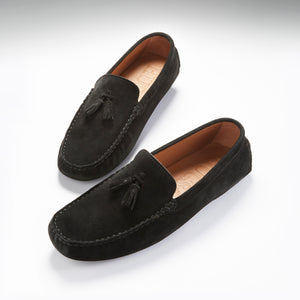 Tasselled Driving Loafers, black suede