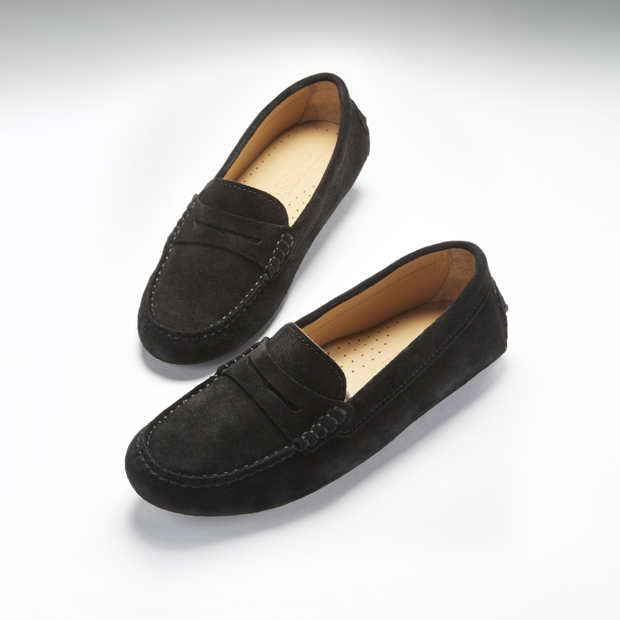 Women’s Penny Driving Loafers, black suede - Hugs & Co.