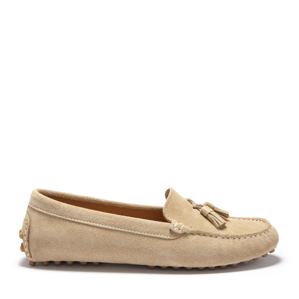 Women's Driving Loafer, Tasselled Taupe Suede