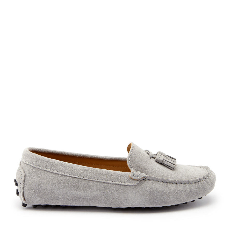 Mocassins femme à pompons, daim gris tourterelle