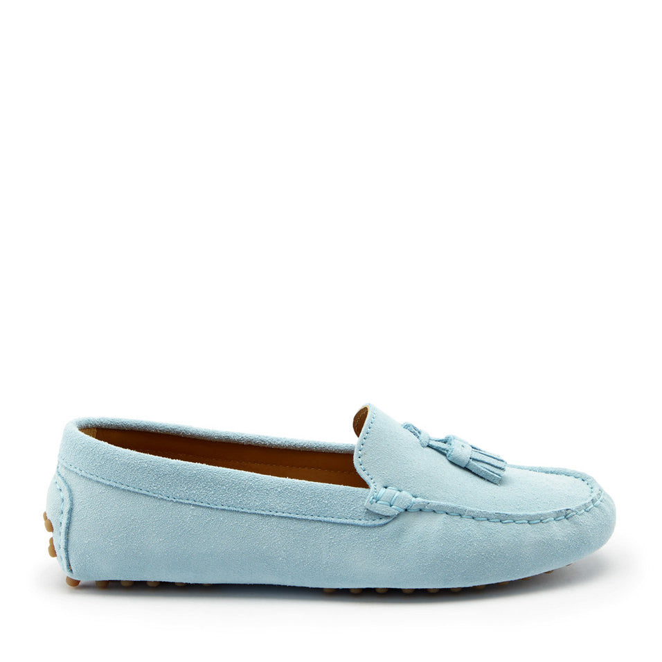 Mocassins femme à pompons, daim bleu ciel