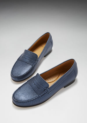 Women's Penny Loafers Leather Sole, indigo blue metallic leather