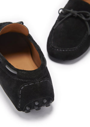Laced Driving Loafers, Black Suede, Hugs & Co. Front and back