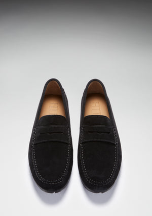 Tyre Sole Penny Driving Loafers, black suede
