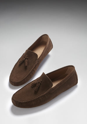 Tasselled Driving Loafers, brown suede