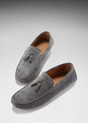 Tasselled Driving Loafers, slate grey suede