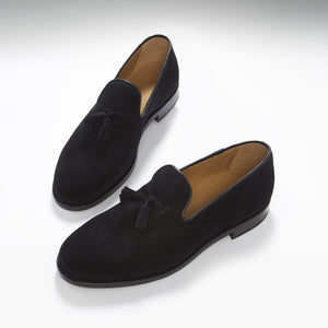 Front, Black Suede Tasselled Brogues, Welted Leather Sole Hugs & Co.