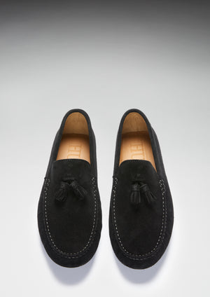 Tasselled Driving Loafers, black suede