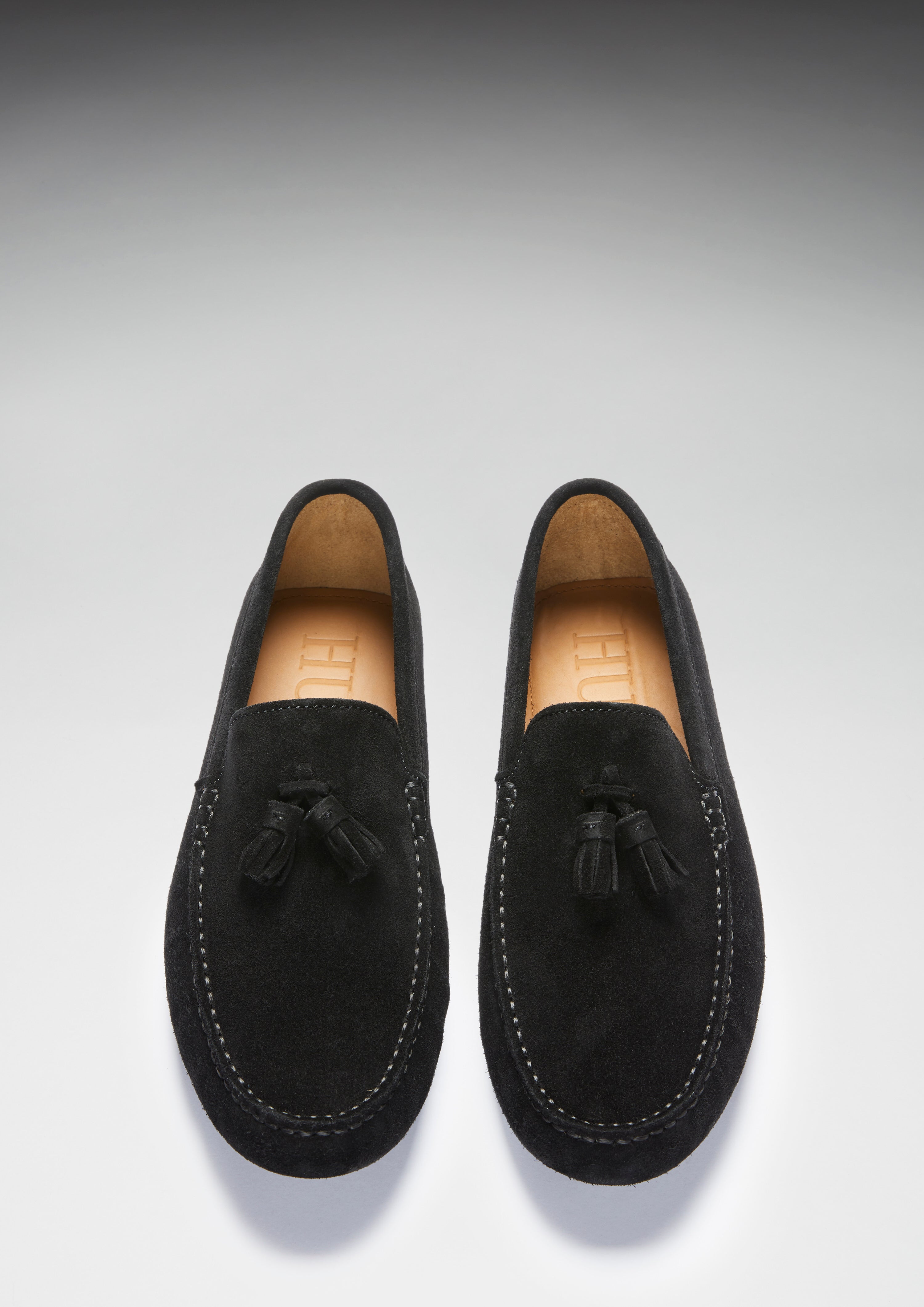 Tasselled Driving Loafers black suede Hugs Co