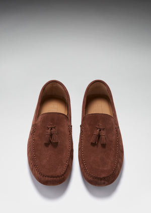 Tasselled Driving Loafers, mahogany brown suede