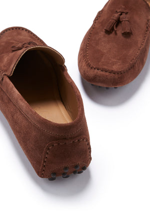 Tasselled Driving Loafers, mahogany brown suede