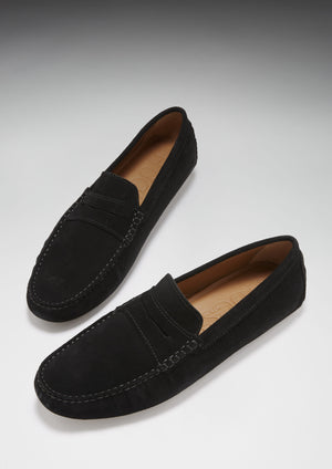 Penny Driving Loafers, black suede gum sole