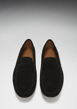 Penny Driving Loafers, black suede gum sole