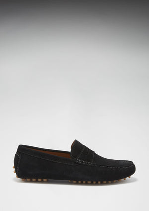 Penny Driving Loafers, black suede gum sole