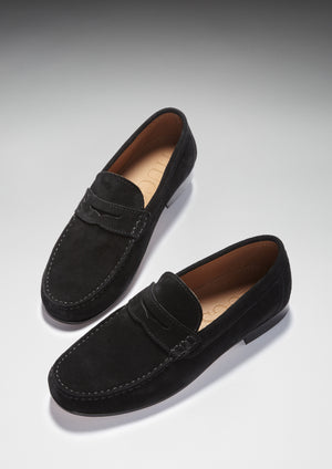 Black Suede, Penny Loafers, Leather Sole Three Quarter