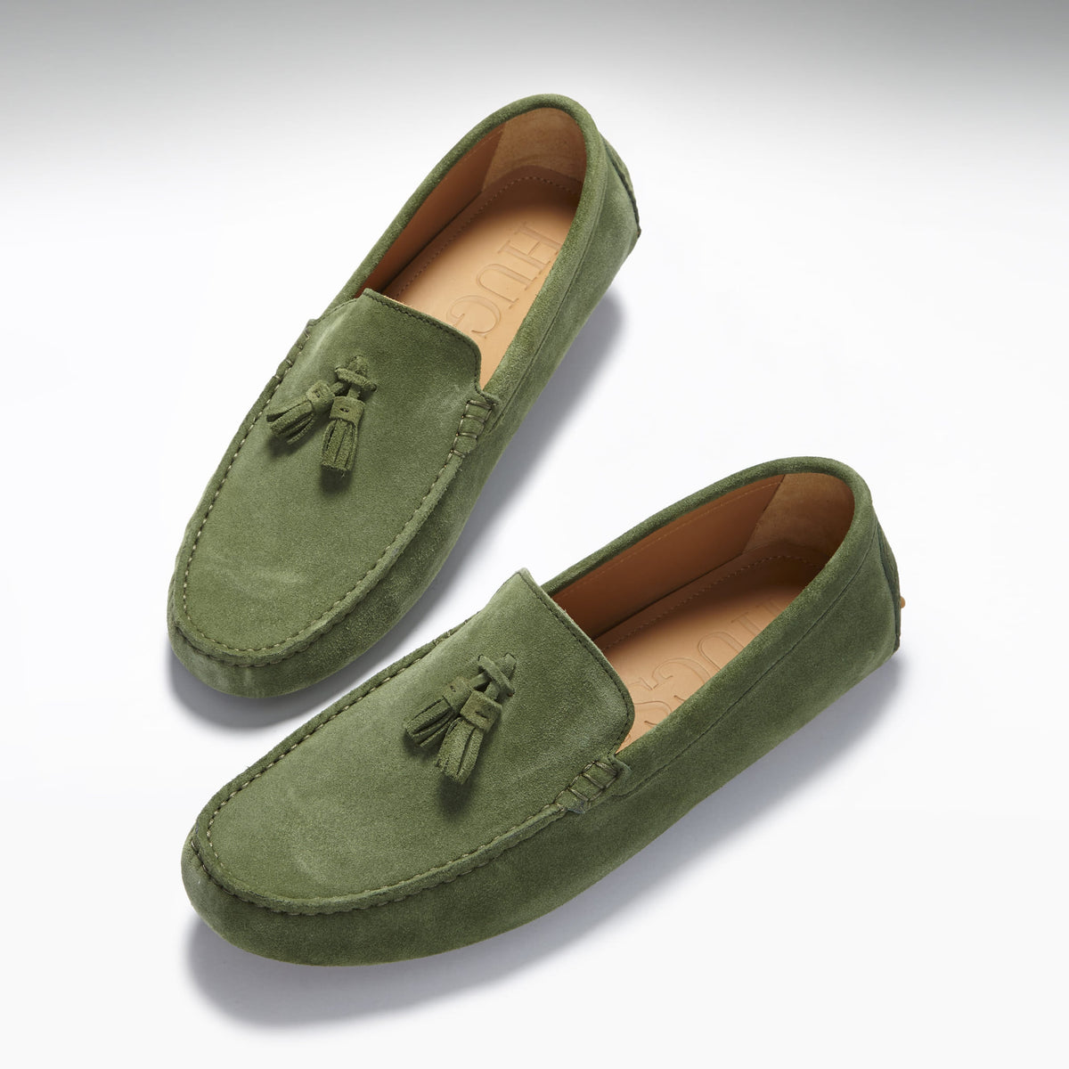 Tasselled Driving Loafers, safari green suede Hugs & Co.